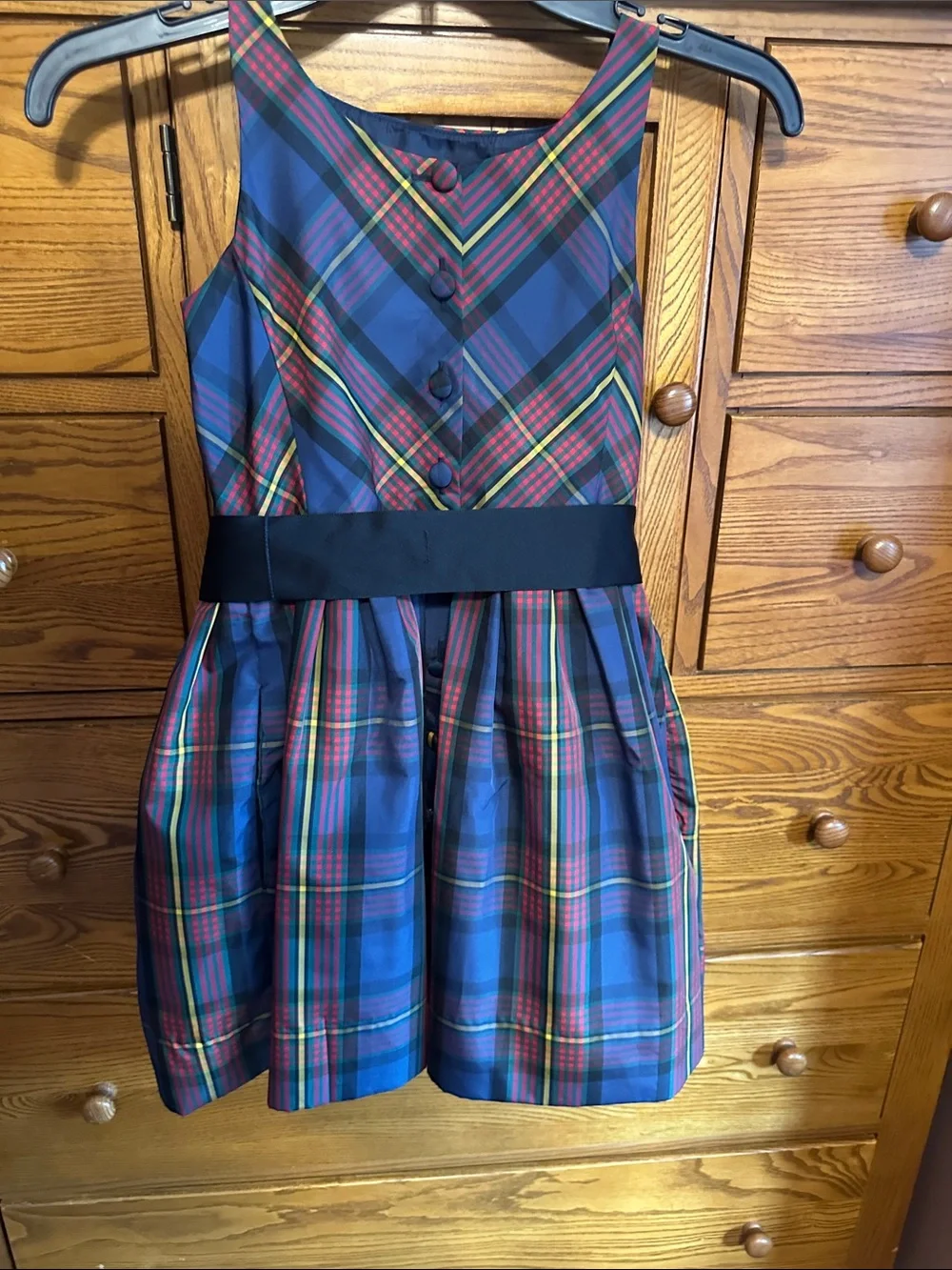Ralph Lauren Blue Plaid Holiday Dress with Black Sash